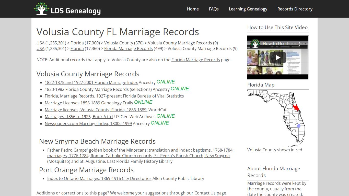 Volusia County FL Marriage Records - LDS Genealogy